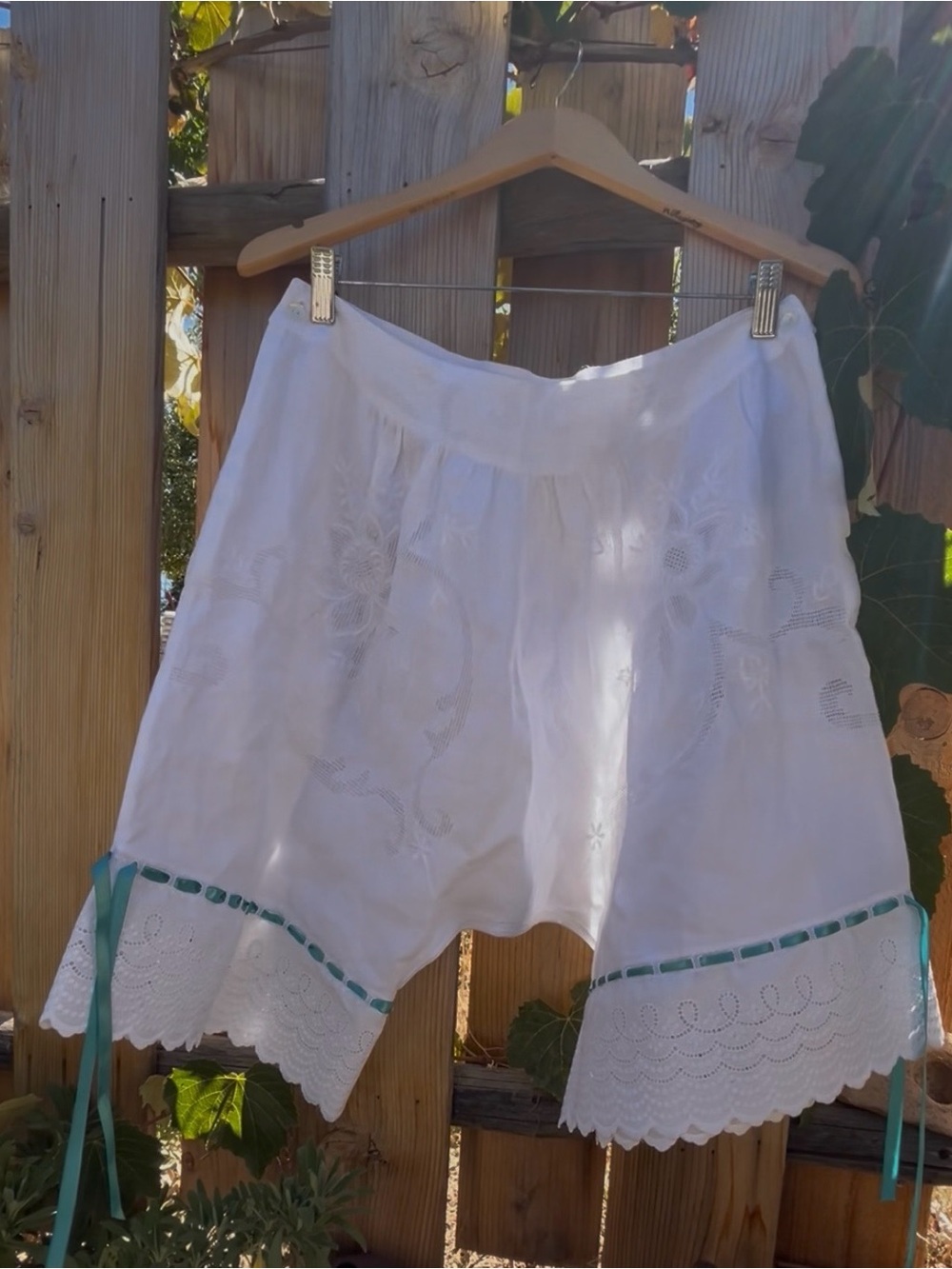 Victorian bloomers. White embroidered lace shorts with teal ribbon 30/32 waist